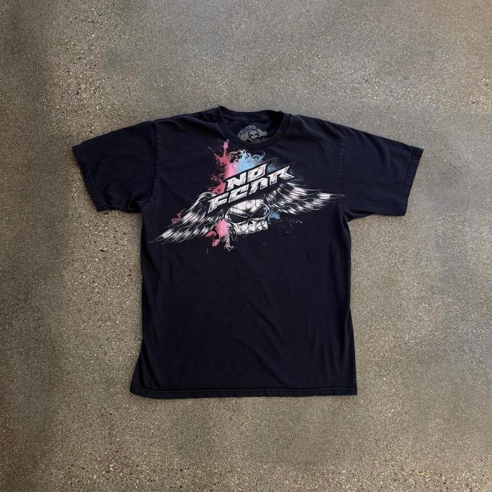 No Fear winged skull graphic tee faded black y2k mcbling streetwear pink blue